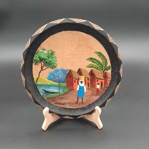 Painted Wooden Decorative Plate W/ African Village‎ Scene & Stand Signed